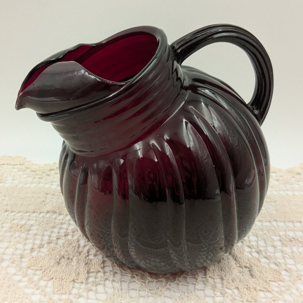 Vintage Anchor Hocking "Royal Ruby"  Red Tilt Ball Swirl Pitcher - 64 fl. oz. - Picture 2 of 7